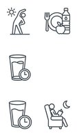 Healthy lifestyle icons set with exercise, nutrition, hydration timing and sleep habits for wellness apps and health education materials.