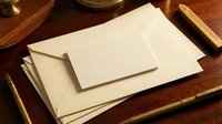 Cream envelopes and blank card on a wooden desk with gold pen, evoking elegance and classic correspondence for stationery and invitation designs.