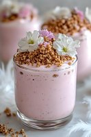Pink strawberry smoothie topped with crunchy granola and fresh white flowers in glass. Creamy breakfast drink with delicate floral garnish on white background.