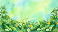 Watercolor illustration of fresh cucumbers with yellow flowers and green leaves on soft pastel background, suitable for organic food packaging, recipe blogs, and garden-themed designs.
