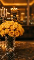 Elegant yellow roses in crystal vase on marble table with warm candlelit restaurant ambiance for romantic dining and luxury hospitality decor.