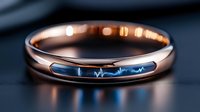 Rose gold ring with inlaid blue heartbeat pattern glowing against dark background, modern jewelry design showcasing unique electrocardiogram detail.