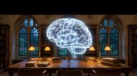 Glowing holographic brain floating above wooden conference table in gothic library with stained glass windows for neuroscience presentations.