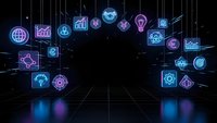 Futuristic digital technology icons floating in cyber space with neon blue and purple glow effects on dark grid background for tech presentations.