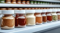 Glass jars filled with colorful spices and seasonings arranged in row on white kitchen shelf, focus on cinnamon, paprika and salt containers for cooking and food preparation.