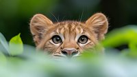Young golden cat peeking through green foliage, close-up portrait showing bright blue eyes and alert expression against blurred natural background.