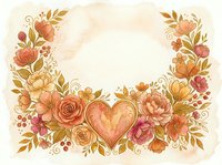Watercolor floral frame with heart, roses, and wildflowers in warm peach and gold tones, perfect for Valentine cards and wedding designs.