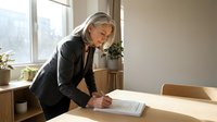 Mature businesswoman with gray hair reviewing documents at wooden desk in bright office with plants and natural light from large windows.