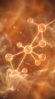 Glowing molecular structure with interconnected spheres and energy beams on warm orange background for science education and biotechnology concepts.