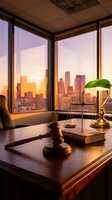 Law office interior with gavel, scales of justice and legal books on wooden desk overlooking city skyline at sunset for legal services and attorney concepts.
