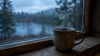 Steaming ceramic mug on a rustic wooden windowsill with rain-streaked glass and misty forest lake view on a moody overcast day.