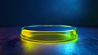 Glowing neon circular platform on dark wooden surface with vibrant yellow and blue light effects creating futuristic atmosphere for product display.