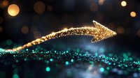 Magical glowing golden arrow with sparkles and light trail flying over turquoise bokeh background, symbolizing direction, guidance and success in business concepts.