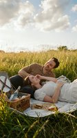 Happy young couple enjoying romantic picnic on blanket in sunny meadow with basket and food under cloudy sky for outdoor date and leisure activities.