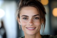 Young woman with brown hair and fair complexion smiling at camera in professional setting with blurred background. Suitable for business, corporate, lifestyle and portrait use.
