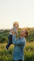 Happy father lifting laughing toddler son in air during golden hour sunset in green countryside field creating joyful family bonding moment.