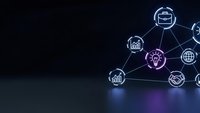 Digital network connections with glowing business icons on dark background for corporate technology presentations and marketing materials.