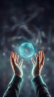 Hands holding glowing turquoise orb against dark mystical background with swirling energy. Concept for magic, spirituality, power, healing, and supernatural forces in fantasy and occult designs.