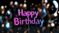 Glowing pink neon Happy Birthday text on dark background with blurred bokeh lights creating festive atmosphere for celebration and party designs.