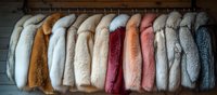Luxurious fur coats in various colors hanging in row, including white, red, pink, brown and gray tones, showcasing fashion retail display of winter garments.