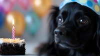 Black dog wearing party hat looking at birthday cake with lit candle, colorful balloons in background, celebration moment.