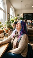 Joyful young Caucasian woman with colorful dyed hair laughing in a cozy cafe, warm sunlight, plants, and people in background.