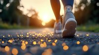 Athletic shoes on runner at sunset with golden bokeh lights on asphalt road, close-up view of feet during outdoor jogging workout in evening light.