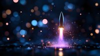 Glowing rocket launch silhouette against dark background with colorful bokeh lights and sparkles creating magical atmosphere for space exploration themes.