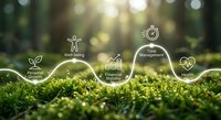 Sustainable business growth concept with interconnected icons on green moss background representing eco-friendly practices and corporate responsibility.