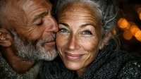 Happy senior couple embracing outdoors with warm bokeh lights in background. Elderly man and woman showing love and affection in romantic evening setting.