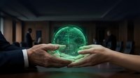 Business professionals protecting glowing green digital brain hologram representing AI technology, innovation and future collaboration in corporate environment.