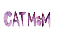 Purple watercolor lettering spelling cat mom with paw print replacing letter O, isolated on white background for creative design projects and merchandise.