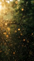 Magical golden bokeh lights and sparkles floating on dark green background create dreamy atmospheric effect for holiday designs and celebrations.