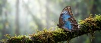 Morpho butterfly with iridescent blue wings resting on moss-covered branch in misty forest environment, suitable for nature and wildlife projects.