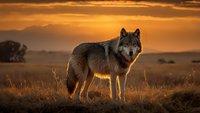 Majestic wolf standing in golden grassland at sunset, illuminated by warm orange light against mountain backdrop in wilderness landscape.