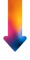 Vibrant gradient arrow pointing downward featuring smooth transitions between orange, pink, and blue colors on white background, isolated design element for graphics.