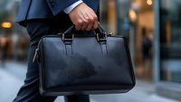 Professional businessman carrying black leather briefcase walking through modern office building lobby during business hours.