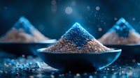 Glowing blue powder piles in dark ceramic bowls against black background with magical sparkle effect and bokeh lights, mystical culinary concept.
