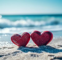 Two red glittery hearts on sandy beach with blurred turquoise ocean waves and bokeh light effects in background, romantic vacation concept.