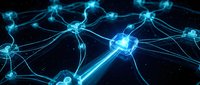 Glowing blue neural network connections with bright nodes and synapses on dark background for technology, artificial intelligence and data visualization concepts.