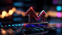 Glowing red arrow pointing upward on illuminated computer keyboard with bokeh lights in background, representing financial market trends and trading concept.