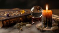 Mystical fortune telling setup with crystal ball, burning candle, tarot cards and magical accessories for divination and spiritual guidance sessions.