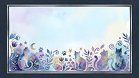 Watercolor floral border frame with cats silhouettes in pastel colors on white background, decorative botanical elements for greeting cards and invitations.