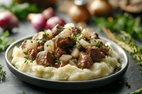 Hearty beef stew with tender meat chunks served over creamy mashed potatoes, garnished with fresh herbs and pearl onions.