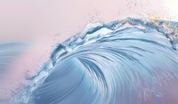 Powerful ocean wave curls with dynamic water motion in soft pink and blue tones, creating dramatic seascape with spray and foam details for wall art and design projects.