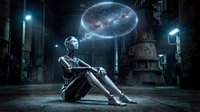 Humanoid robot sitting on industrial floor, dreaming of galaxy in glowing thought bubble, futuristic AI concept in dark factory setting.