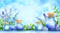 Watercolor lavender flowers and glass bottles with cork stoppers on blue background for spa, wellness, or aromatherapy design.