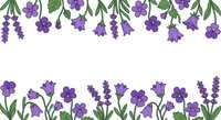 Purple wildflowers border with lavender, violets, and bluebells on white background, forming a floral frame for cards or invitations.