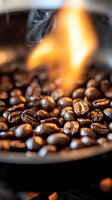 Fresh coffee beans roasting with rising flame and smoke in dark pan, macro shot showing rich brown color and texture of aromatic coffee beans in process.