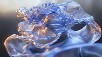 Ethereal abstract fluid art in blue and copper tones with dynamic swirling motion, featuring translucent waves and metallic reflections on dark background.